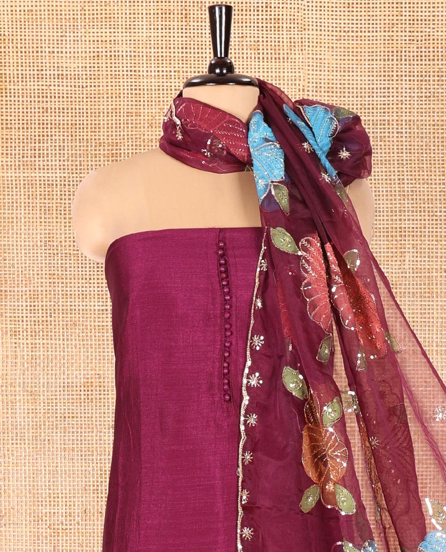 Wine Vichitra Silk Material Chudidar Set, Highlighted by Pom-Pom Necklined Top, a Plain Santoon Bottom, and Paired Scallop Multi-Color Floral Embroidered Organza Dupatta - Image 3