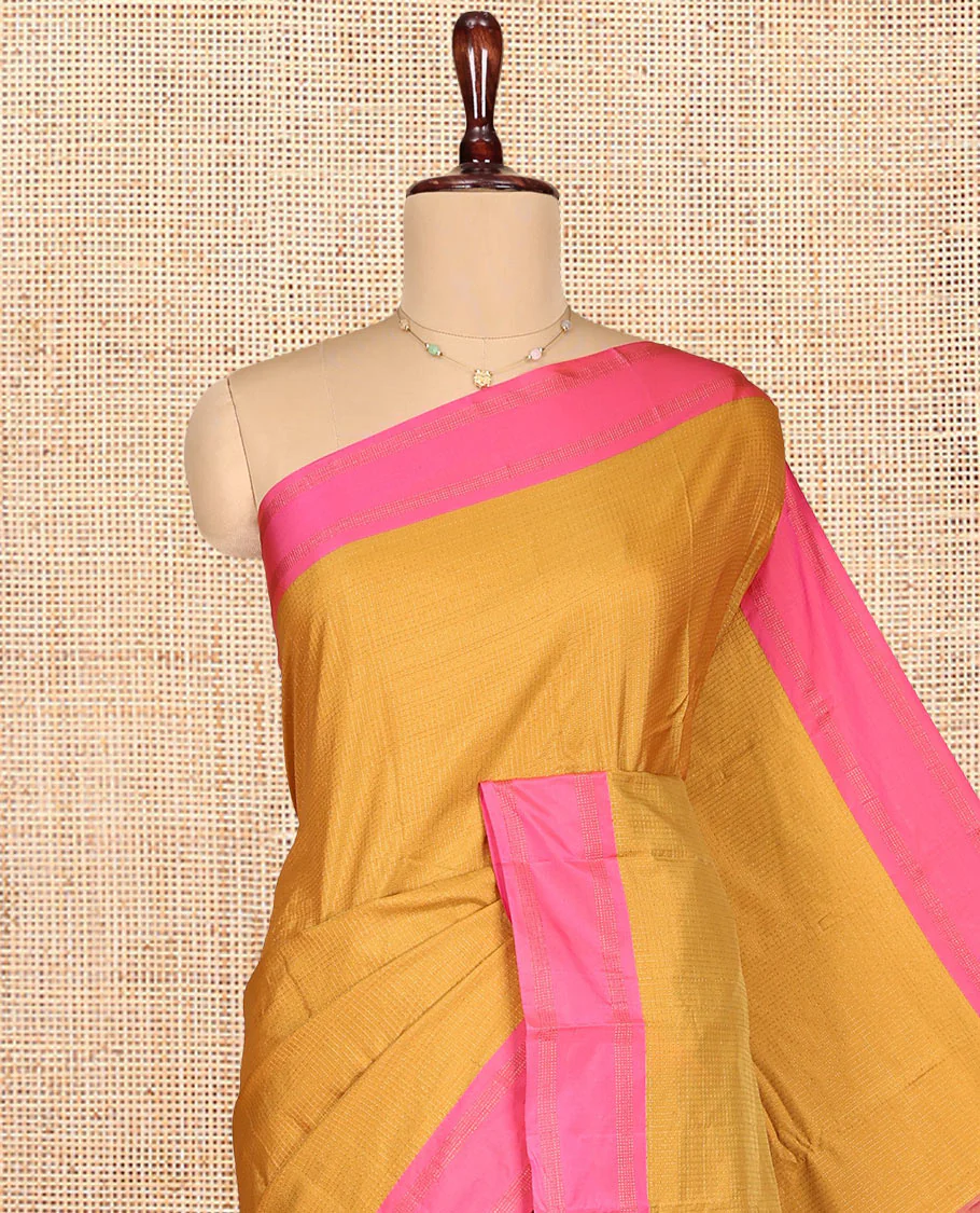 Yellow Aarani Gift Saree, Subtly Adorned with Zari Checks on Its Body, Complemented by a Contrast-Zari Striped Rettai Pettu Border, Zari Striped Pallu, and Paired with a Contrast Blouse - Image 2