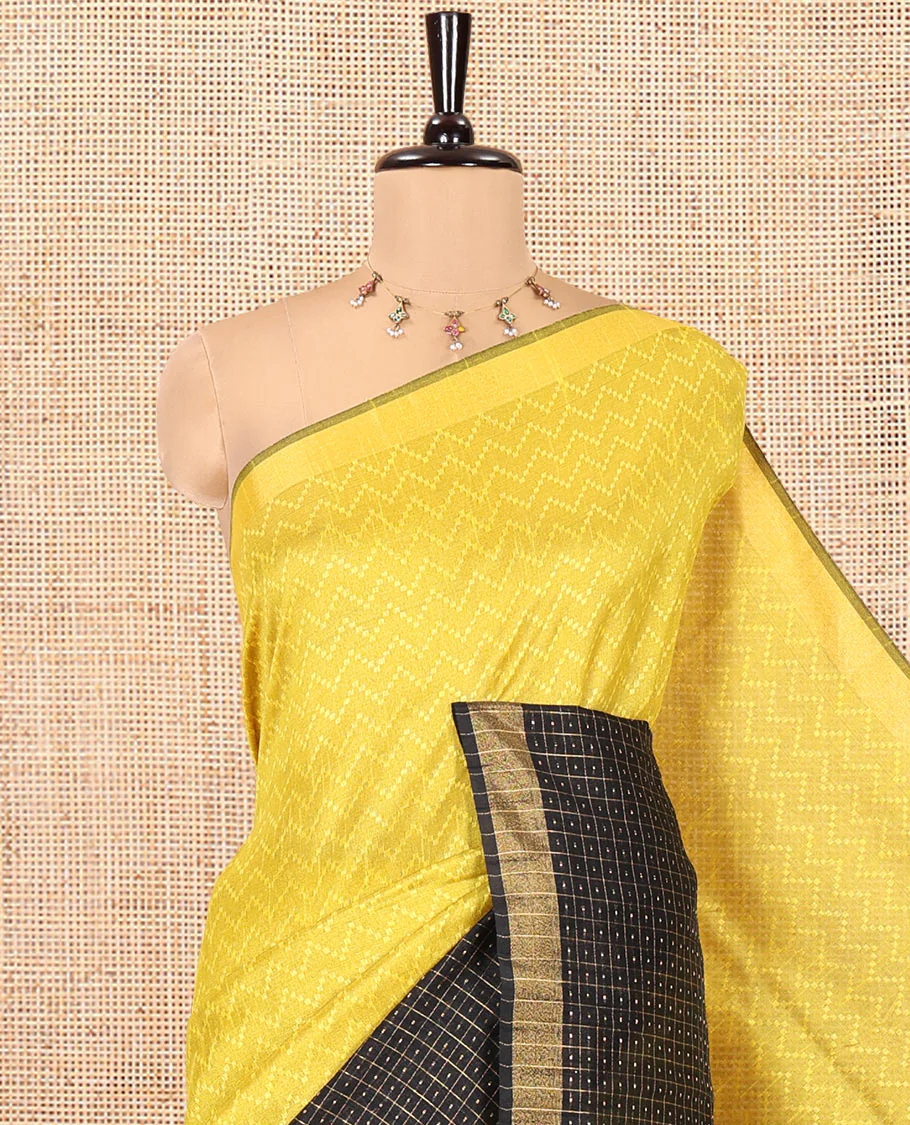 Yellow and Black Semi-Raw Silk Saree, Delicately Woven with Zig-Zag Stripes All Over Its Body, Complemented by Contrast Border of Butta Enclosed Checks, Striped Pallu, and Paired with a Contrast Blouse - Image 2