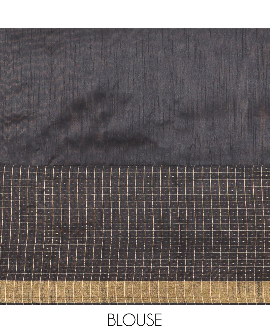 Yellow and Black Semi-Raw Silk Saree, Delicately Woven with Zig-Zag Stripes All Over Its Body, Complemented by Contrast Border of Butta Enclosed Checks, Striped Pallu, and Paired with a Contrast Blouse - Image 3