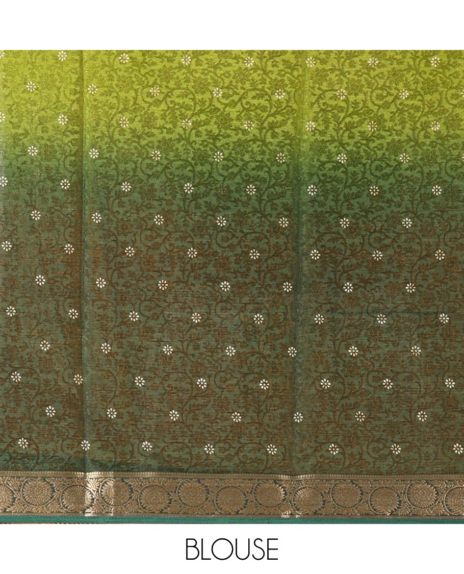 Yellow and Green Candy Chiffon Saree, Bedecked with Floral Vine Embossed, Buttas, and Ombre-Style Dyed on Its Body, Highlighted by Floral Creeper Zari Border, Intricately Designed Pallu, and Paired with a Contrast Blouse - Image 3