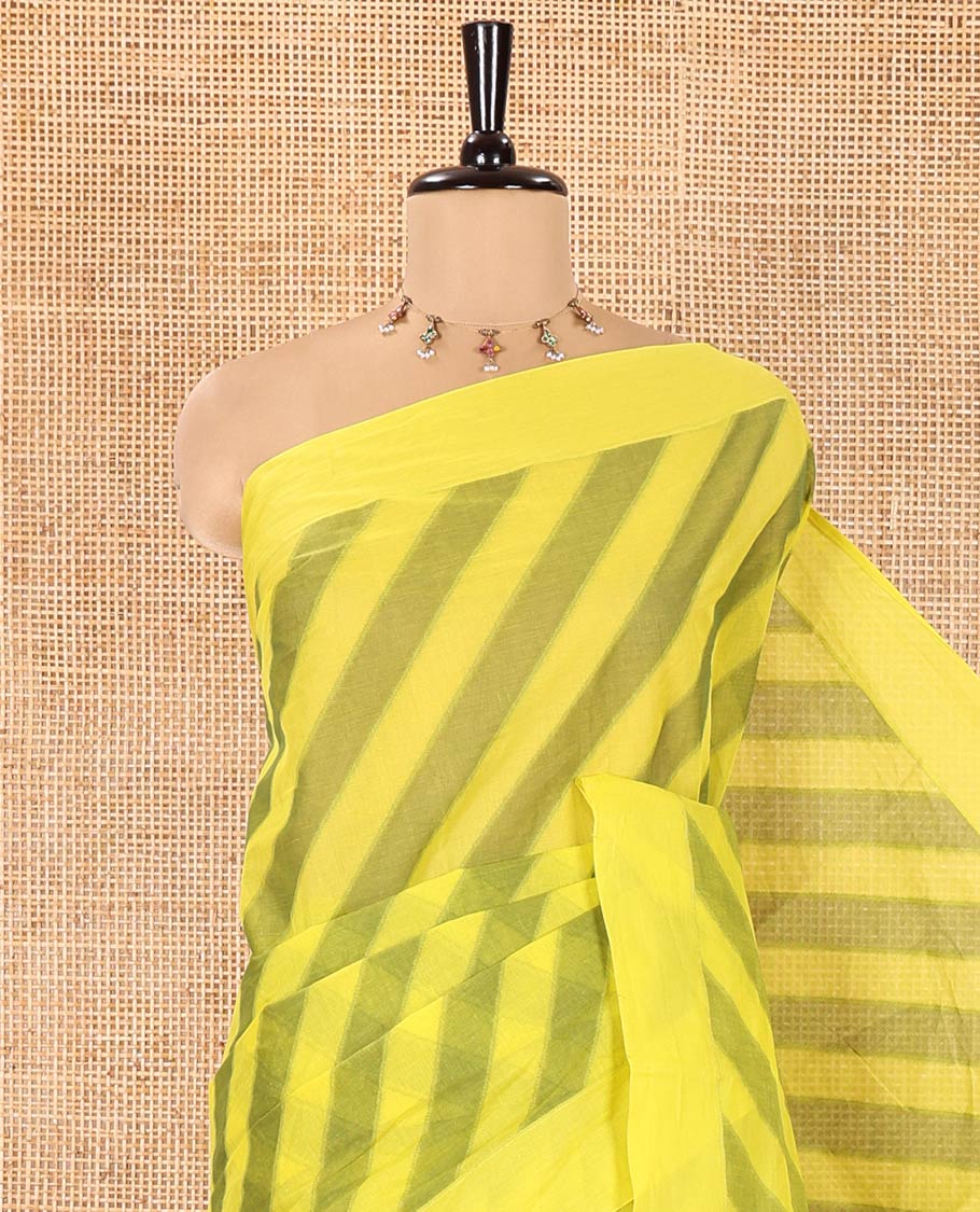 Yellow and Green Coimbatore Cotton Saree, Subtly Sparkled with Stripes on Its Body, Plain Border, Sparsely Sparkled Pallu of Floral Creeper Designs, and Paired with a Matching Blouse - Image 2