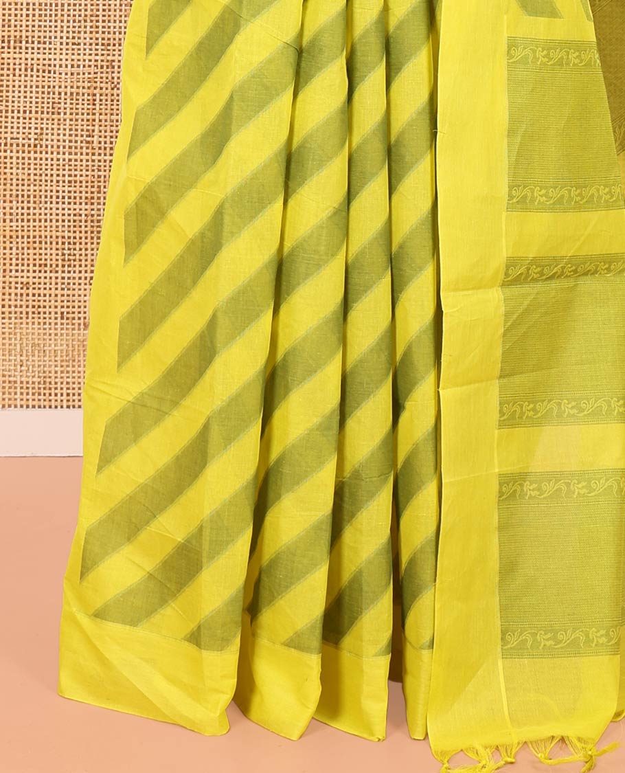 Yellow and Green Coimbatore Cotton Saree, Subtly Sparkled with Stripes on Its Body, Plain Border, Sparsely Sparkled Pallu of Floral Creeper Designs, and Paired with a Matching Blouse - Image 3