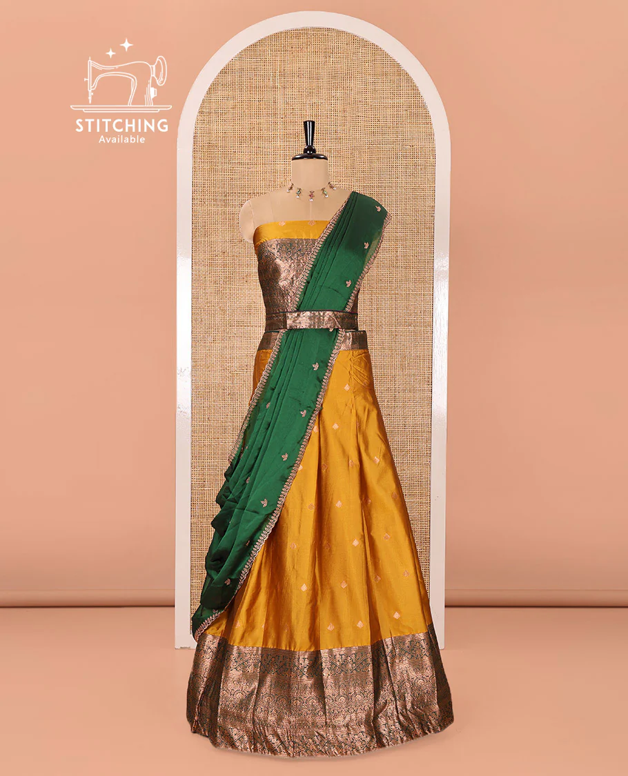 Yellow and Green Semi-Banarasi Half-Saree Adorned with Zari Buttas on Its Skirt, Complemented by a Contrast Mughal-Style Intricate Zari Design Border, Paired with a Matching Blouse, and a Satin Georgette Embroidered Scallop Dhavani - Image 3