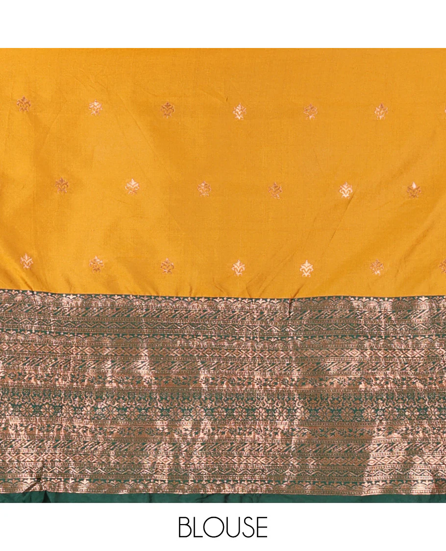 Yellow and Green Semi-Banarasi Half-Saree Adorned with Zari Buttas on Its Skirt, Complemented by a Contrast Mughal-Style Intricate Zari Design Border, Paired with a Matching Blouse, and a Satin Georgette Embroidered Scallop Dhavani - Image 4