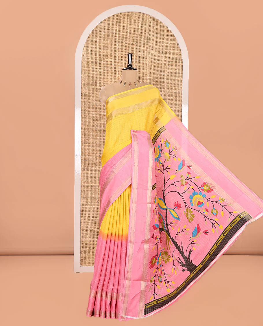 Yellow and Pink Moss Chiffon Saree, Decked up with Zari Micro-Checked Design on Its Body, Complemented by Zari Traditional Design Rettai Pettu Border, Pallu Features Tree and Bird Designs, and Paired with a Contrast Blouse