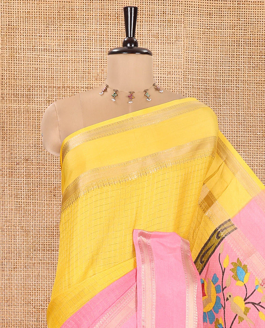 Yellow and Pink Moss Chiffon Saree, Decked up with Zari Micro-Checked Design on Its Body, Complemented by Zari Traditional Design Rettai Pettu Border, Pallu Features Tree and Bird Designs, and Paired with a Contrast Blouse - Image 2