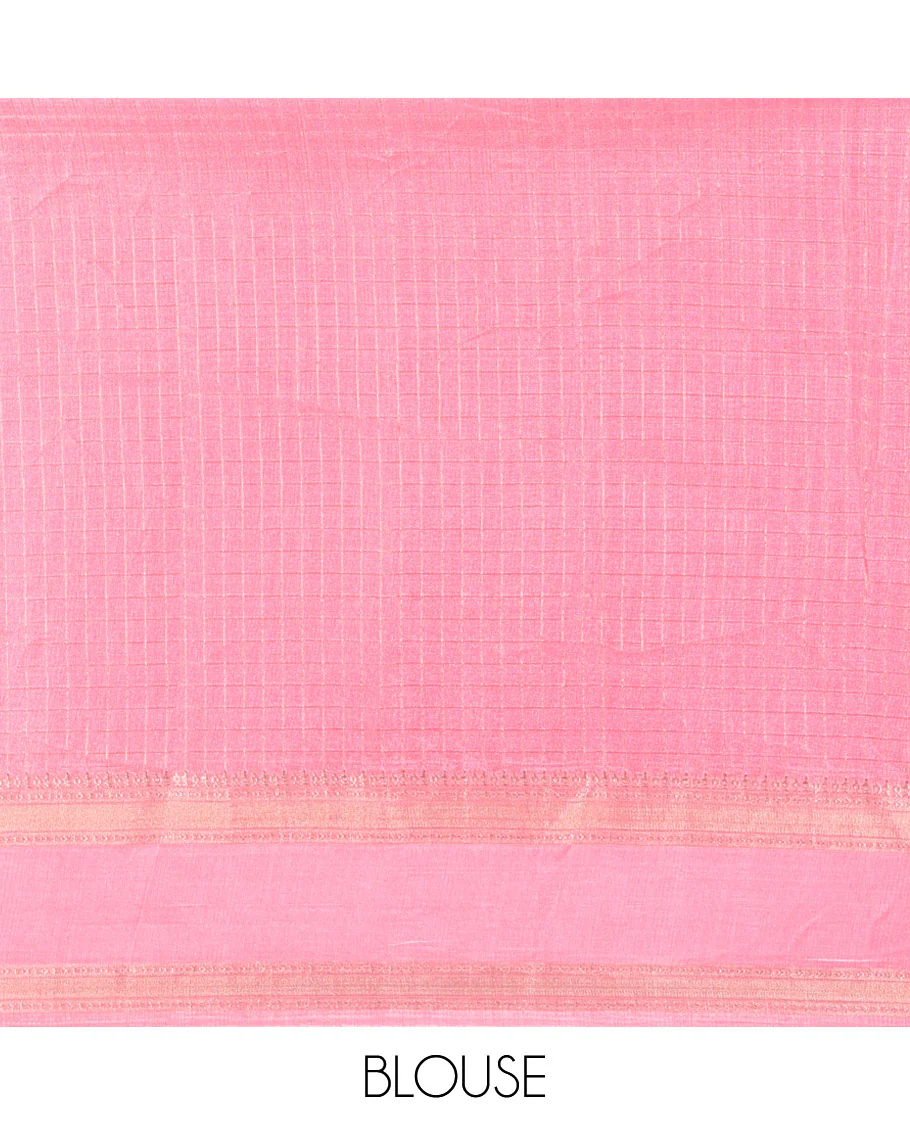 Yellow and Pink Moss Chiffon Saree, Decked up with Zari Micro-Checked Design on Its Body, Complemented by Zari Traditional Design Rettai Pettu Border, Pallu Features Tree and Bird Designs, and Paired with a Contrast Blouse - Image 3