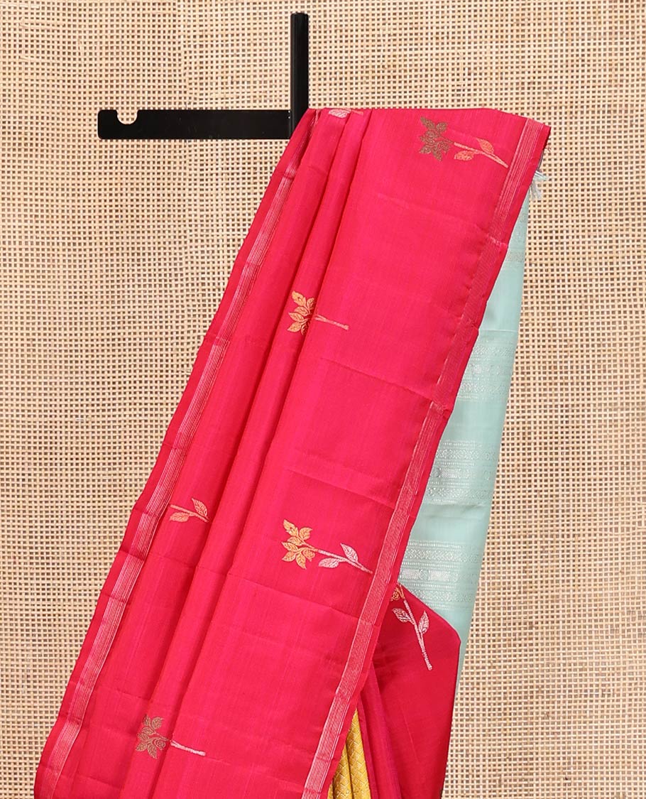 Yellow and Red Half-And-Half-Style Kanchipuram Designer Silk Saree, Subtly Enriched with Floral Buttas and  Jaal Designs All Over Its Body, Piping Border, Captivating Contrast Pallu of Traditional Designs Weave, and Is Paired with a Contrast Blouse - Image 3