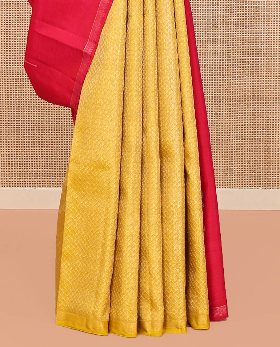 Yellow and Red Half-And-Half-Style Kanchipuram Designer Silk Saree, Subtly Enriched with Floral Buttas and  Jaal Designs All Over Its Body, Piping Border, Captivating Contrast Pallu of Traditional Designs Weave, and Is Paired with a Contrast Blouse - Image 4
