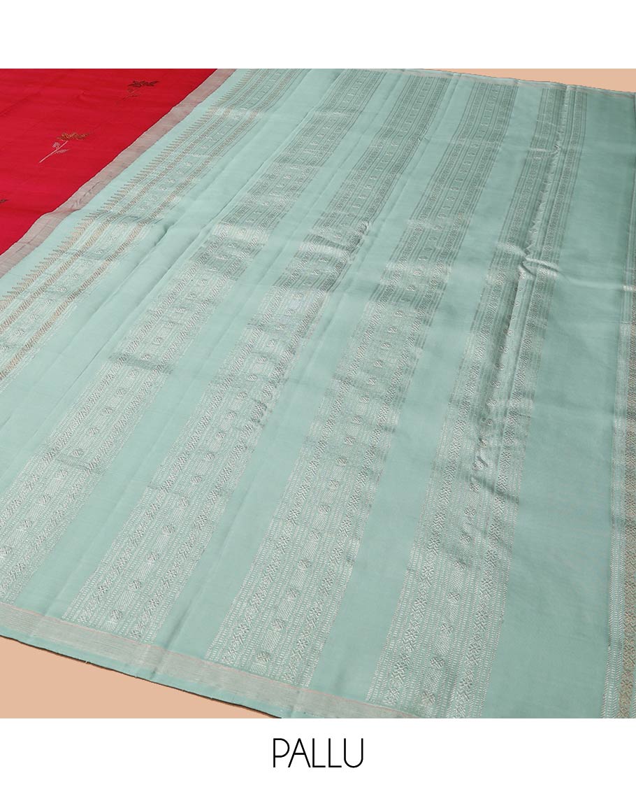 Yellow and Red Half-And-Half-Style Kanchipuram Designer Silk Saree, Subtly Enriched with Floral Buttas and  Jaal Designs All Over Its Body, Piping Border, Captivating Contrast Pallu of Traditional Designs Weave, and Is Paired with a Contrast Blouse - Image 5