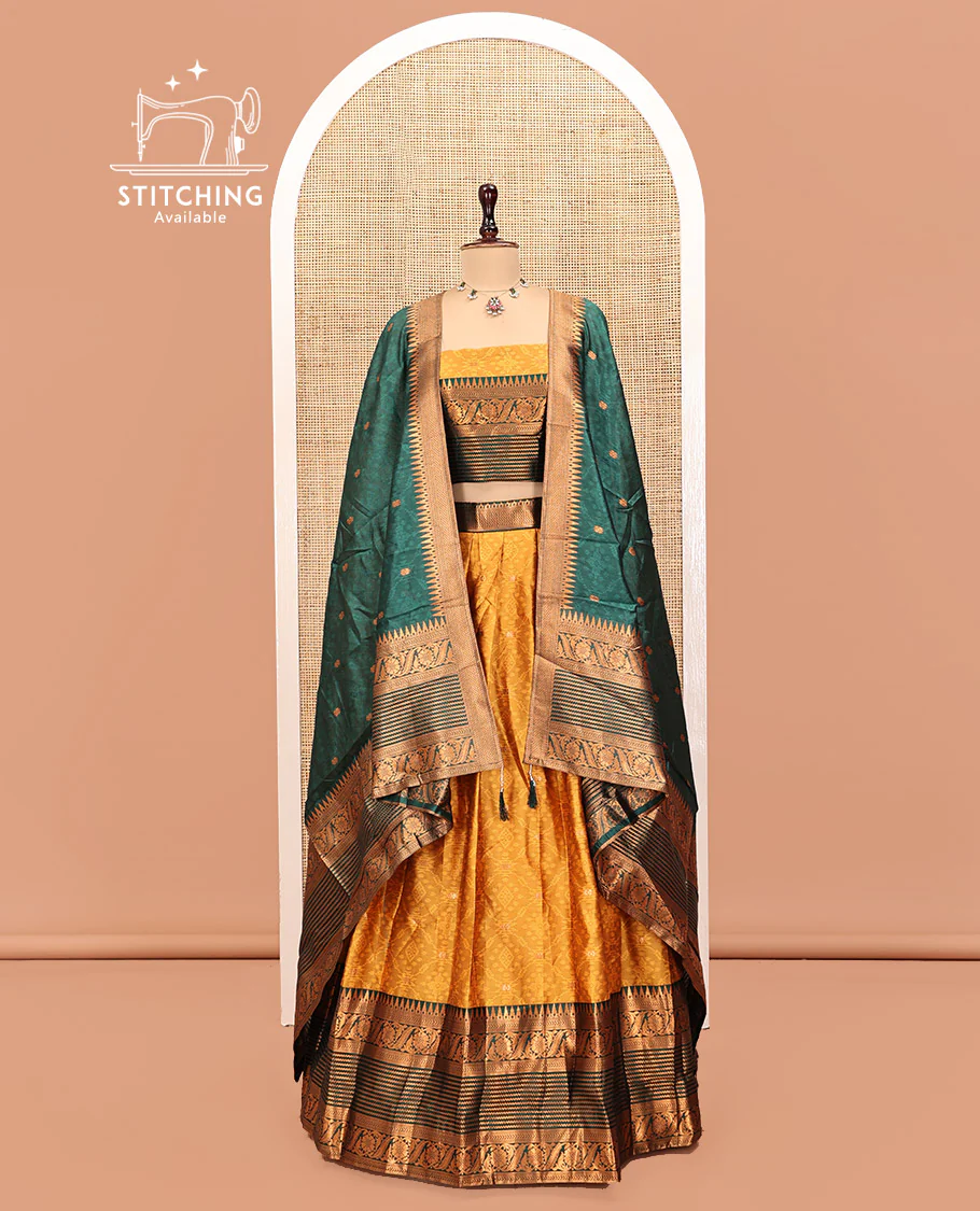 Yellow Art Silk Half Saree, Delicately Woven with Embossed and Buttas Skirt, Contrast Traditional Border, Matching Blouse, and a Contrast Dhavani - Image 2