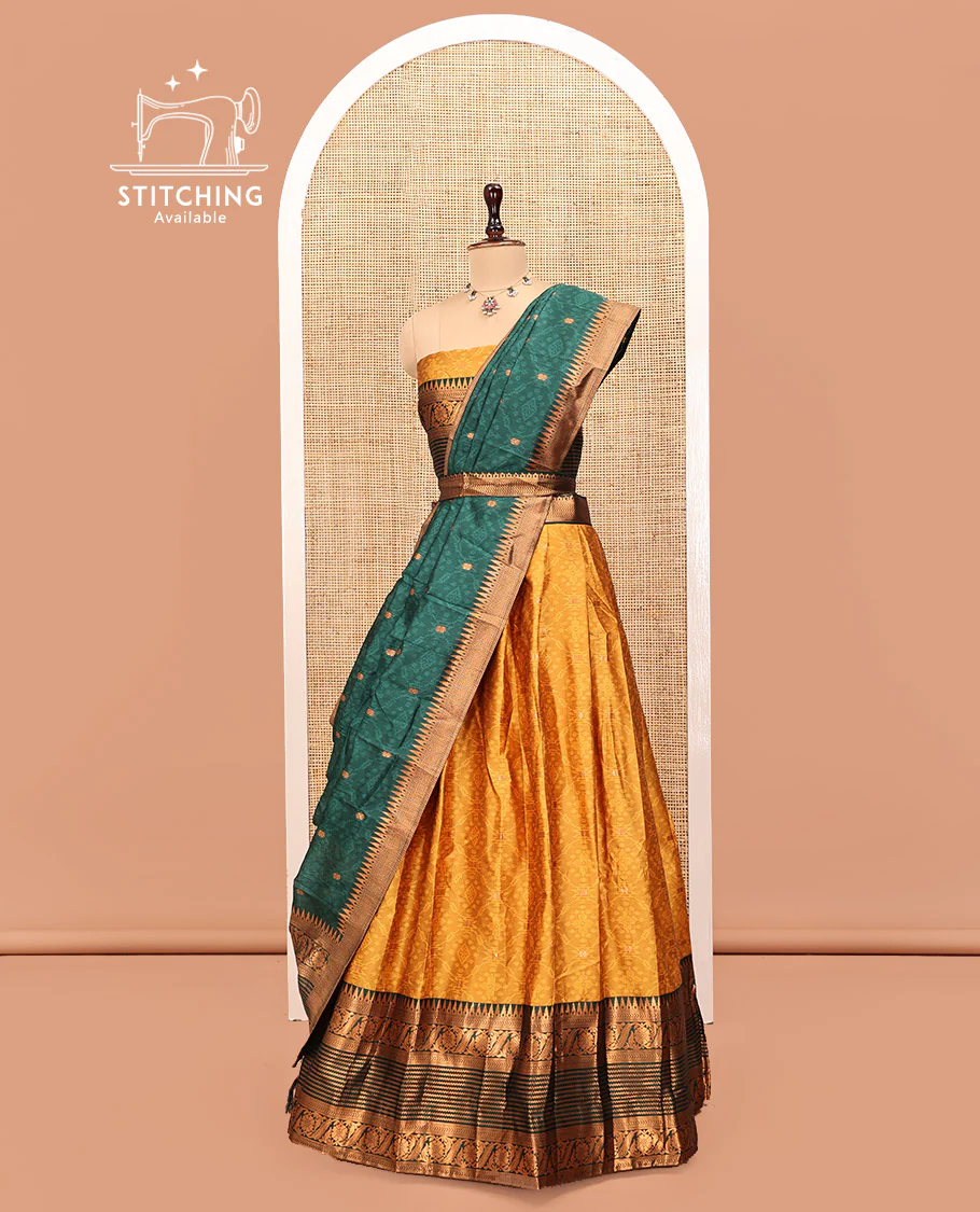 Yellow Art Silk Half Saree, Delicately Woven with Embossed and Buttas Skirt, Contrast Traditional Border, Matching Blouse, and a Contrast Dhavani - Image 3