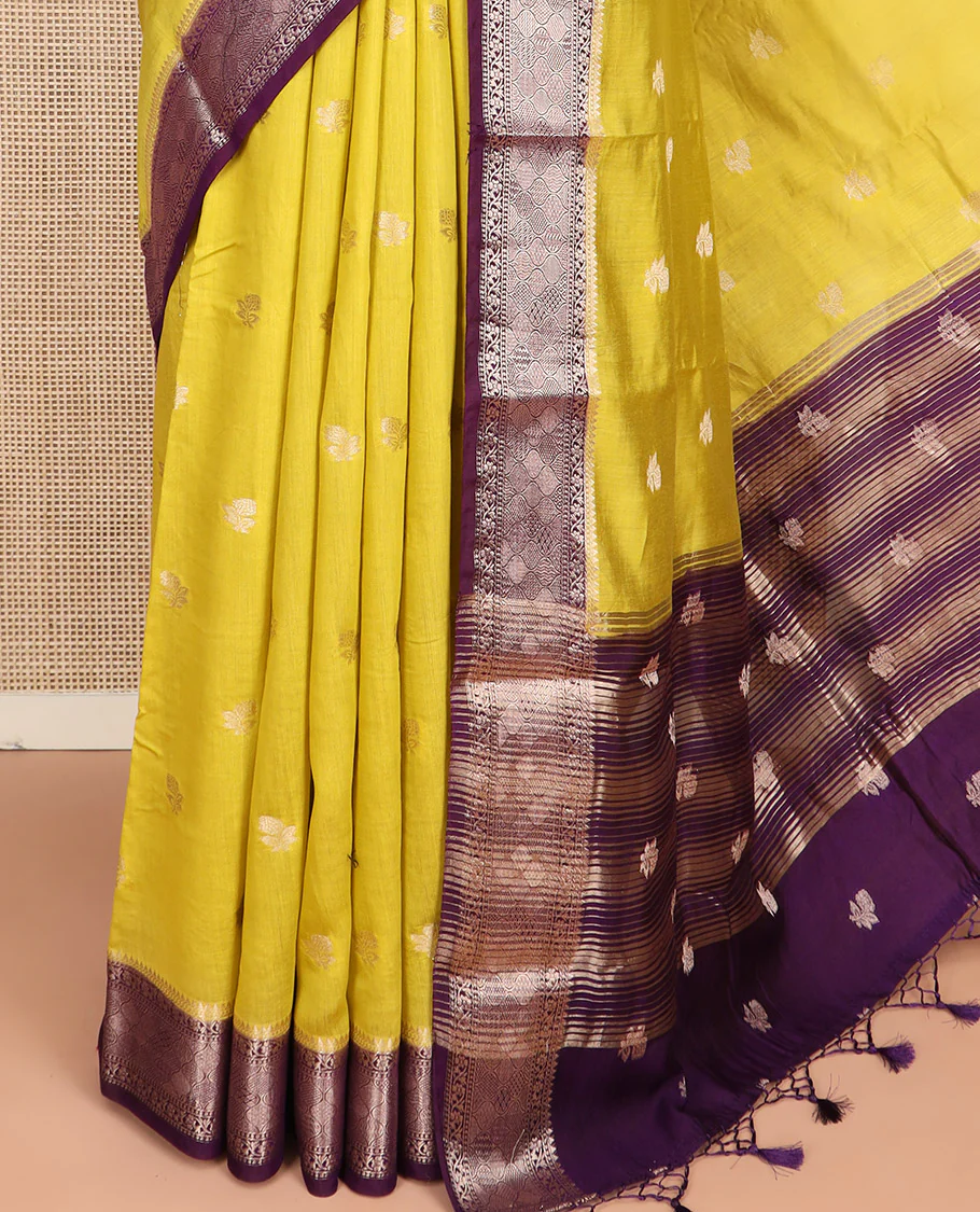 Yellow Assam Silk Saree Prettified with Zari Buttas on Its Body, Complemented by a Contrast Traditional Zari Design Border, a Vibrant Pallu of Zari Stripes, and Paired with a Contrast Blouse - Image 3