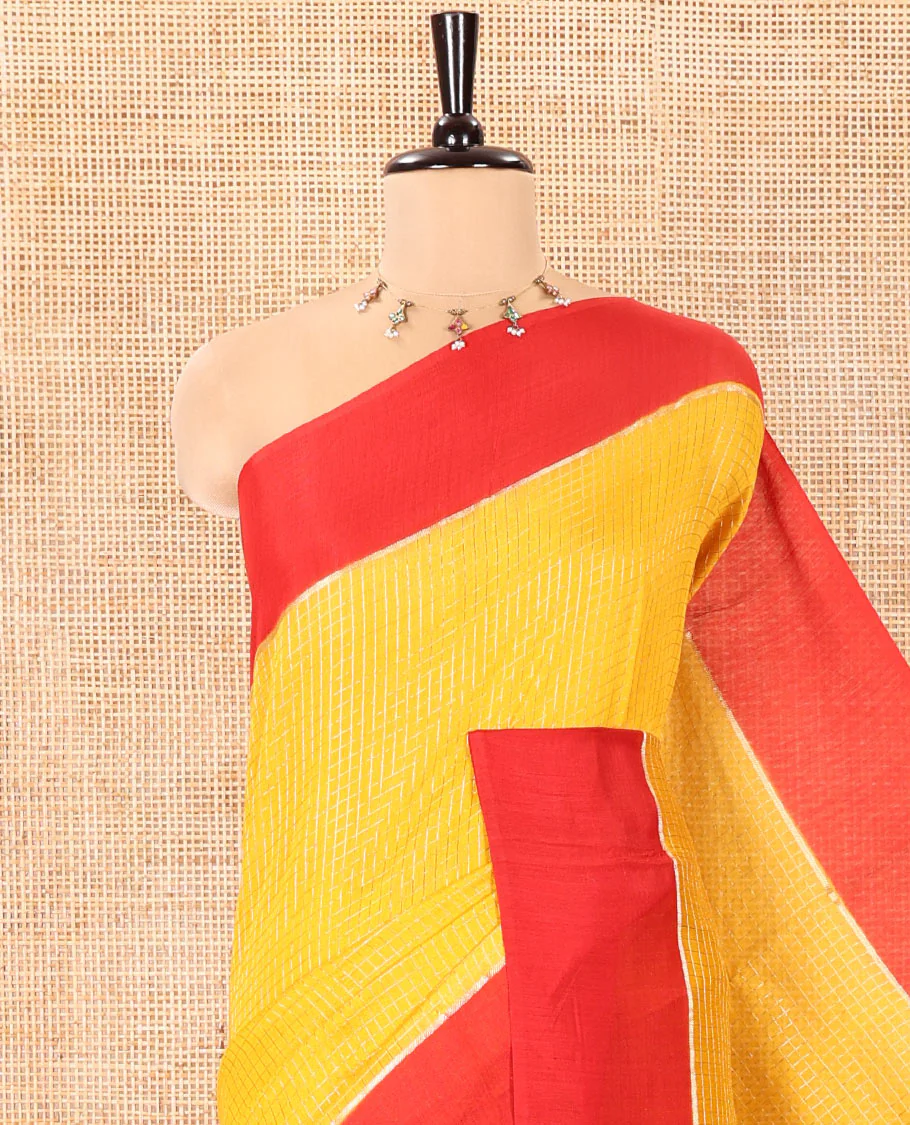 Yellow Assam Silk Saree, Subtly Sparkled with Zari Checked Design on Its Body, Complemented by Contrast Border, Pallu Steeped with Gleaming Zari Stripes, and Paired with a Contrast Blouse - Image 2