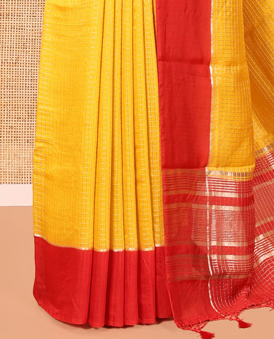 Yellow Assam Silk Saree, Subtly Sparkled with Zari Checked Design on Its Body, Complemented by Contrast Border, Pallu Steeped with Gleaming Zari Stripes, and Paired with a Contrast Blouse - Image 3