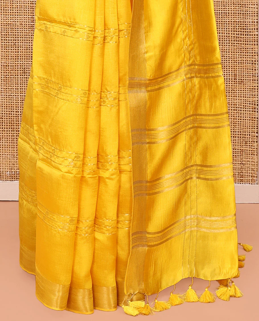 Yellow Banana Pith Saree, Sparsely Woven with Buttas and Stripes on Its Body, Subtly Zari Border, Pallu Steeped with Zari Stripes, and Paired with a Matching Blouse - Image 4