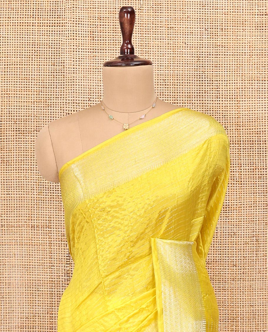 Yellow Banana Pith Saree, Subtly Sparkled with Zari Stripes All Over Its Body, Subtly Woven Border, Subtly Striped Pallu, and Paired with a Matching Blouse - Image 2