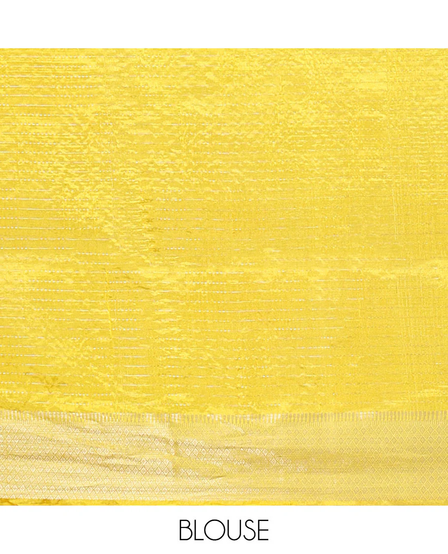 Yellow Banana Pith Saree, Subtly Sparkled with Zari Stripes All Over Its Body, Subtly Woven Border, Subtly Striped Pallu, and Paired with a Matching Blouse - Image 5