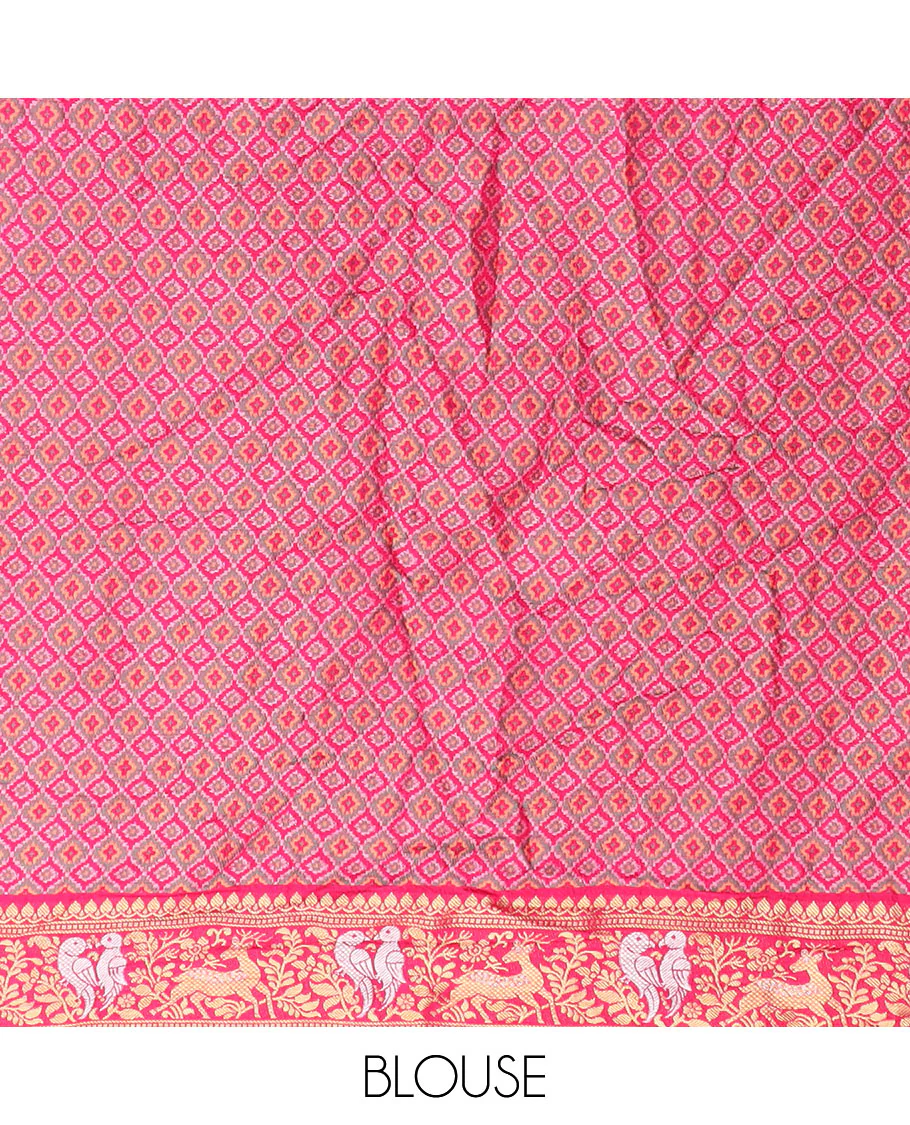 Yellow bandhani dots and zari buttas bandhani silk saree, contrast flora-fauna motifs woven border, and patola elephant enclosed ogee patterns - Image 3