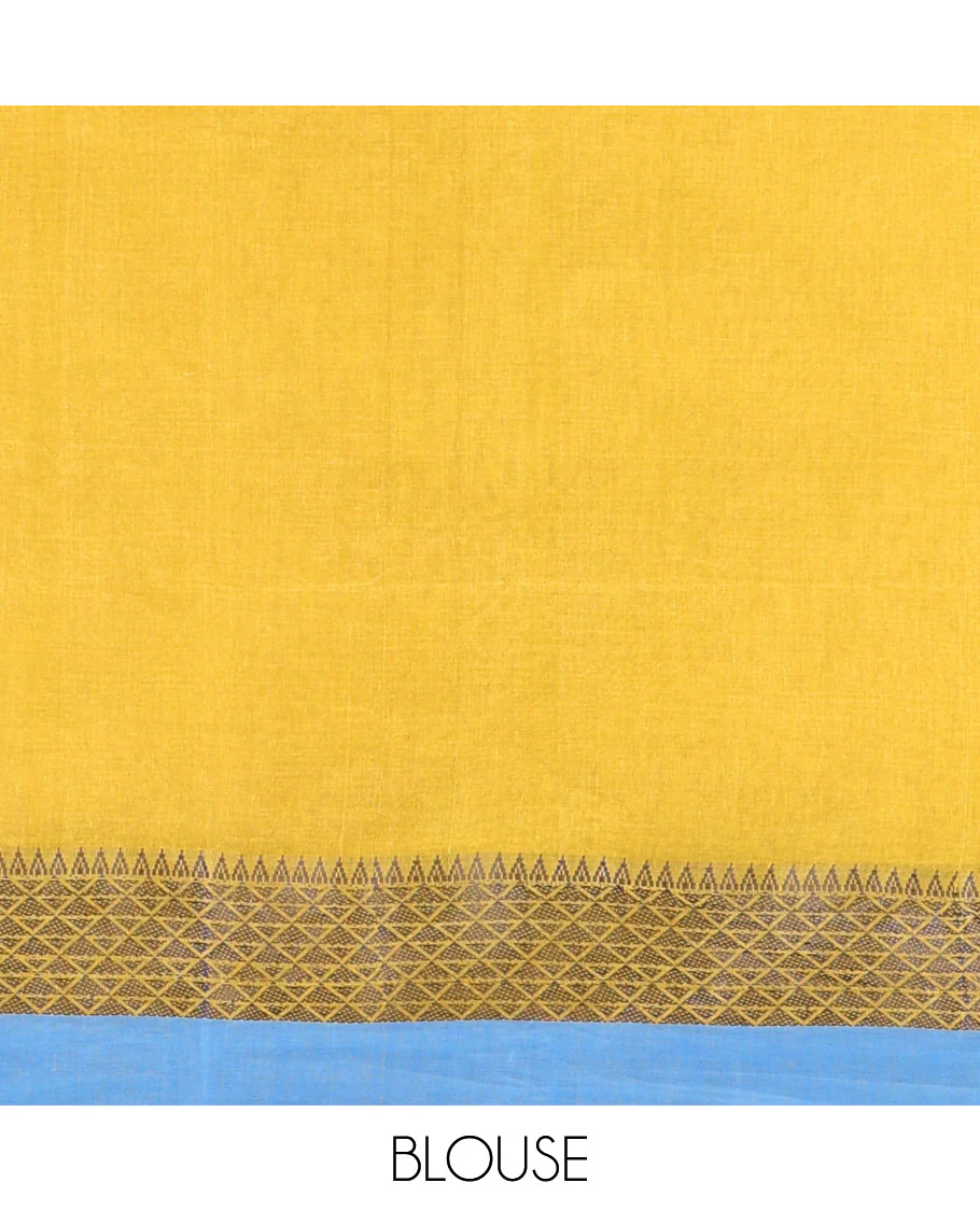 Yellow Bengal Cotton Saree, Subtly Woven with Thread Buttas All Over Its Body, Complemented by a Contrast Border of Temple and Jaal Designs, Pallu of Stripes and Buttas, and Comes Without a Blouse - Image 3