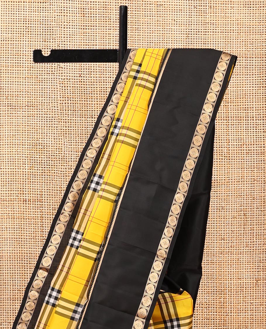 Yellow-Black Vasundhara Lite Silkmix Saree Features Checks, Contrast Rettai Pettu Rekku-Poun Border, Zari-Striped Pallu, and a Contrast Blouse - Image 8
