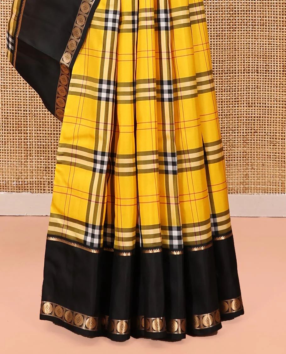 Yellow-Black Vasundhara Lite Silkmix Saree Features Checks, Contrast Rettai Pettu Rekku-Poun Border, Zari-Striped Pallu, and a Contrast Blouse - Image 9