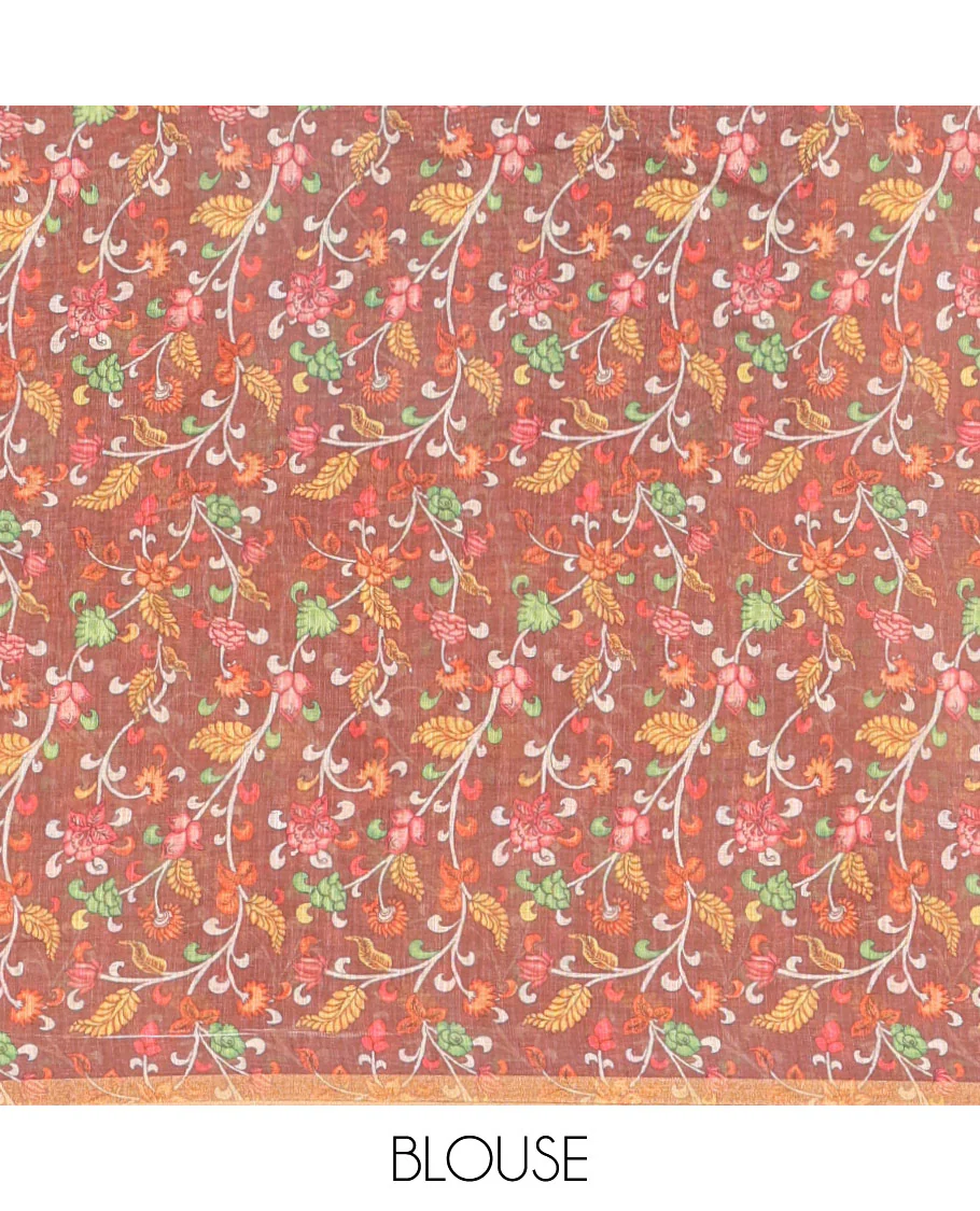 Yellow lotus motifs printed linen saree, piping border, contrast floral vine printed pallu, and contrast printed blouse - Image 3