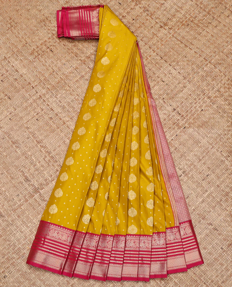 Yellow Budget Silk Saree, Accentuated with Zari Buttas on Its Body, Complemented by a Contrast Traditional Zari Border of Peacock Designs, Grand Pallu, and Paired with a Contrast Blouse - Image 2