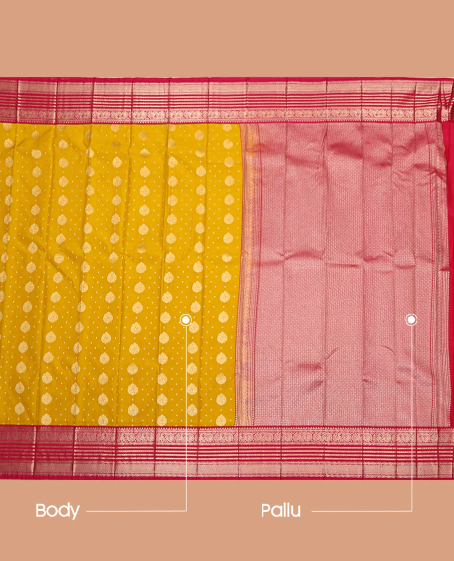 Yellow Budget Silk Saree, Accentuated with Zari Buttas on Its Body, Complemented by a Contrast Traditional Zari Border of Peacock Designs, Grand Pallu, and Paired with a Contrast Blouse - Image 3