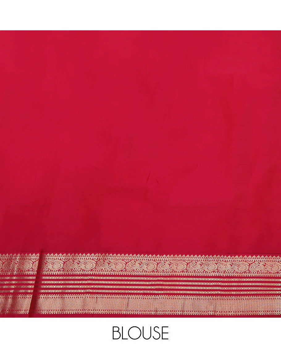 Yellow Budget Silk Saree, Accentuated with Zari Buttas on Its Body, Complemented by a Contrast Traditional Zari Border of Peacock Designs, Grand Pallu, and Paired with a Contrast Blouse - Image 4