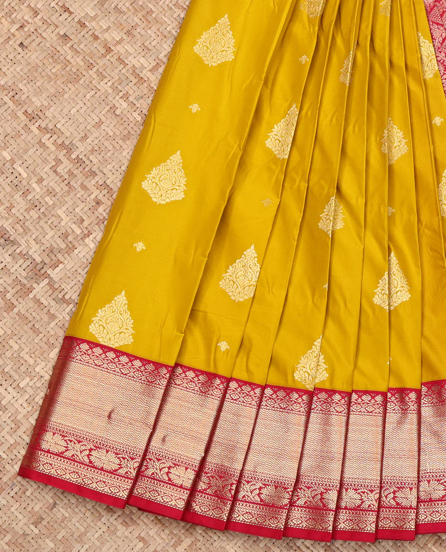 Yellow Budget Silk Saree, Decked Up with Zari Buttas on Its Body, Complemented by a Contrast Traditional Zari Design Border, Grand Pallu, and Paired with a Contrast Blouse