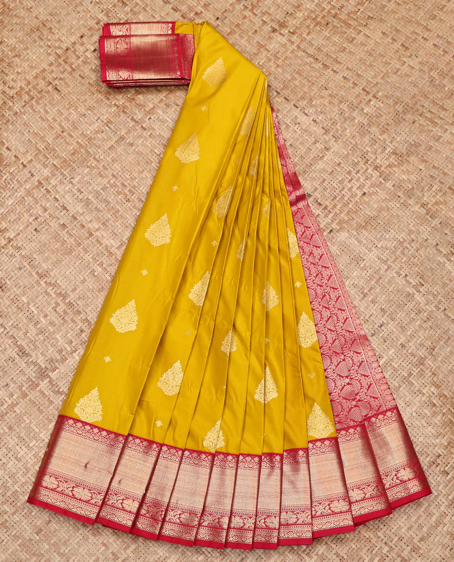 Yellow Budget Silk Saree, Decked Up with Zari Buttas on Its Body, Complemented by a Contrast Traditional Zari Design Border, Grand Pallu, and Paired with a Contrast Blouse - Image 2