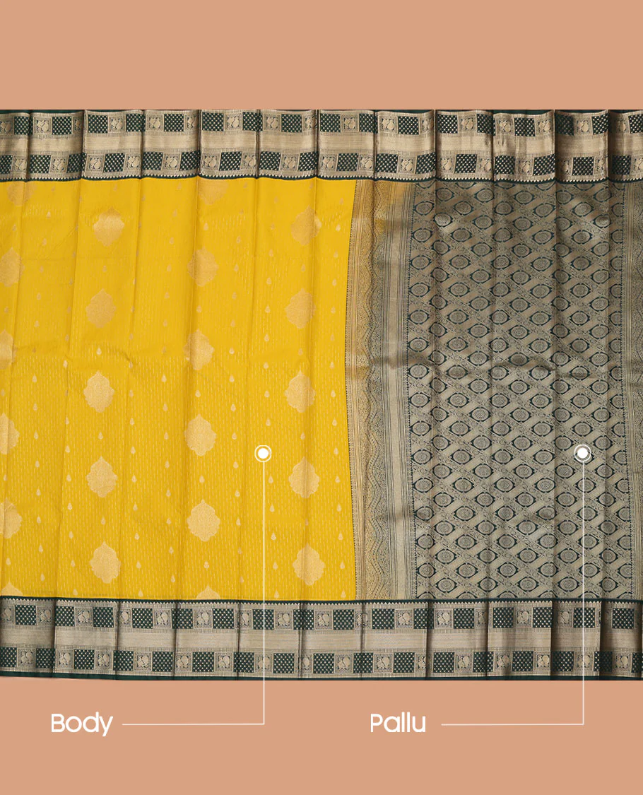 Yellow Budget Silk Saree, Delicately Woven with Zari Buttas All Over Its Body, Complemented by a Contrast Traditional Zari Design Border of Peacock Designs, Pallu Features Jaal Designs, and Paired with a Contrast Blouse - Image 3