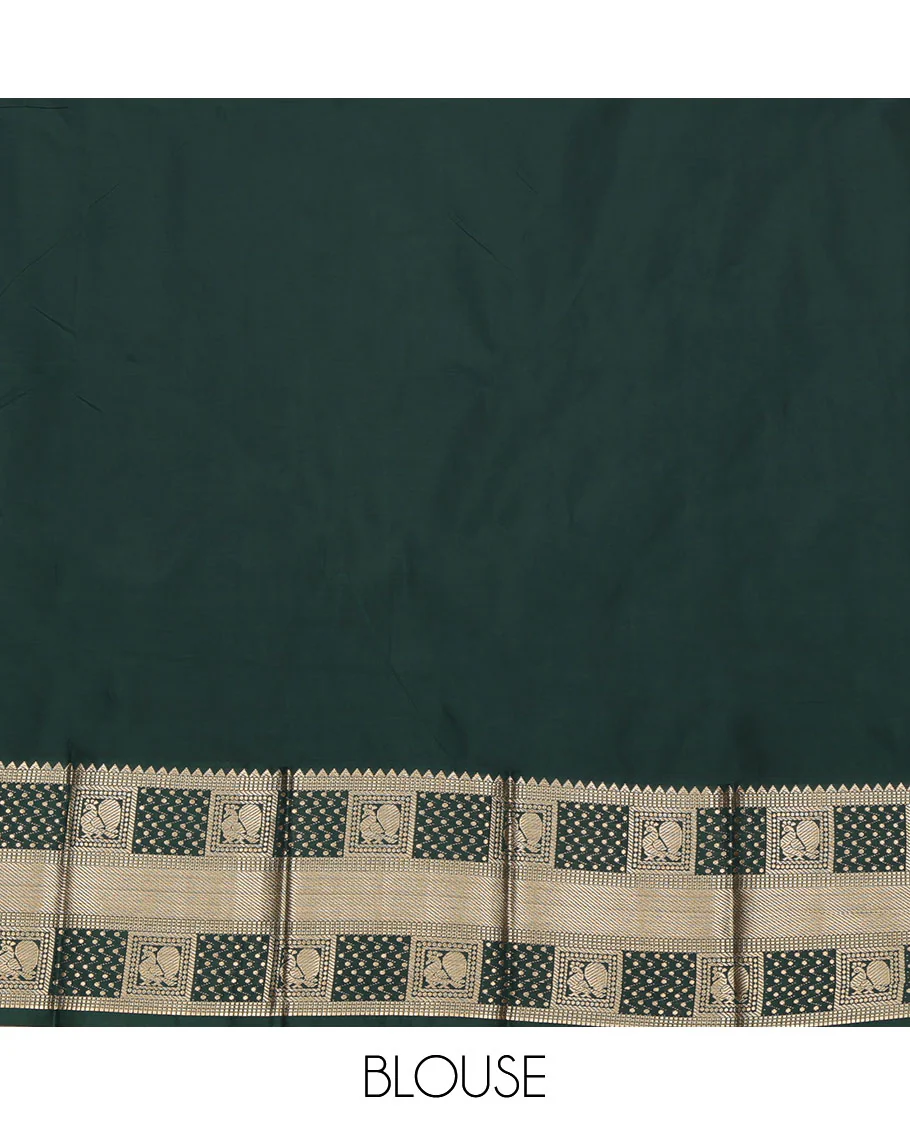 Yellow Budget Silk Saree, Delicately Woven with Zari Buttas All Over Its Body, Complemented by a Contrast Traditional Zari Design Border of Peacock Designs, Pallu Features Jaal Designs, and Paired with a Contrast Blouse - Image 4