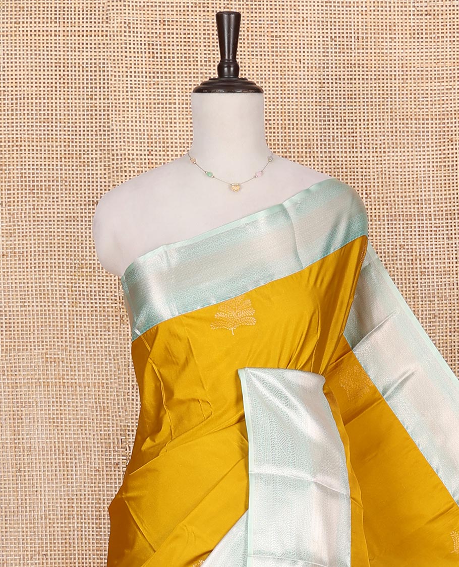 Yellow Budget Silk Saree, Delicately Woven with Zari Buttas on Its Body, Complemented by a Contrast Traditional Zari Design Border, Grand Diagonally Striped Pallu, and Paired with a Contrast Blouse - Image 2