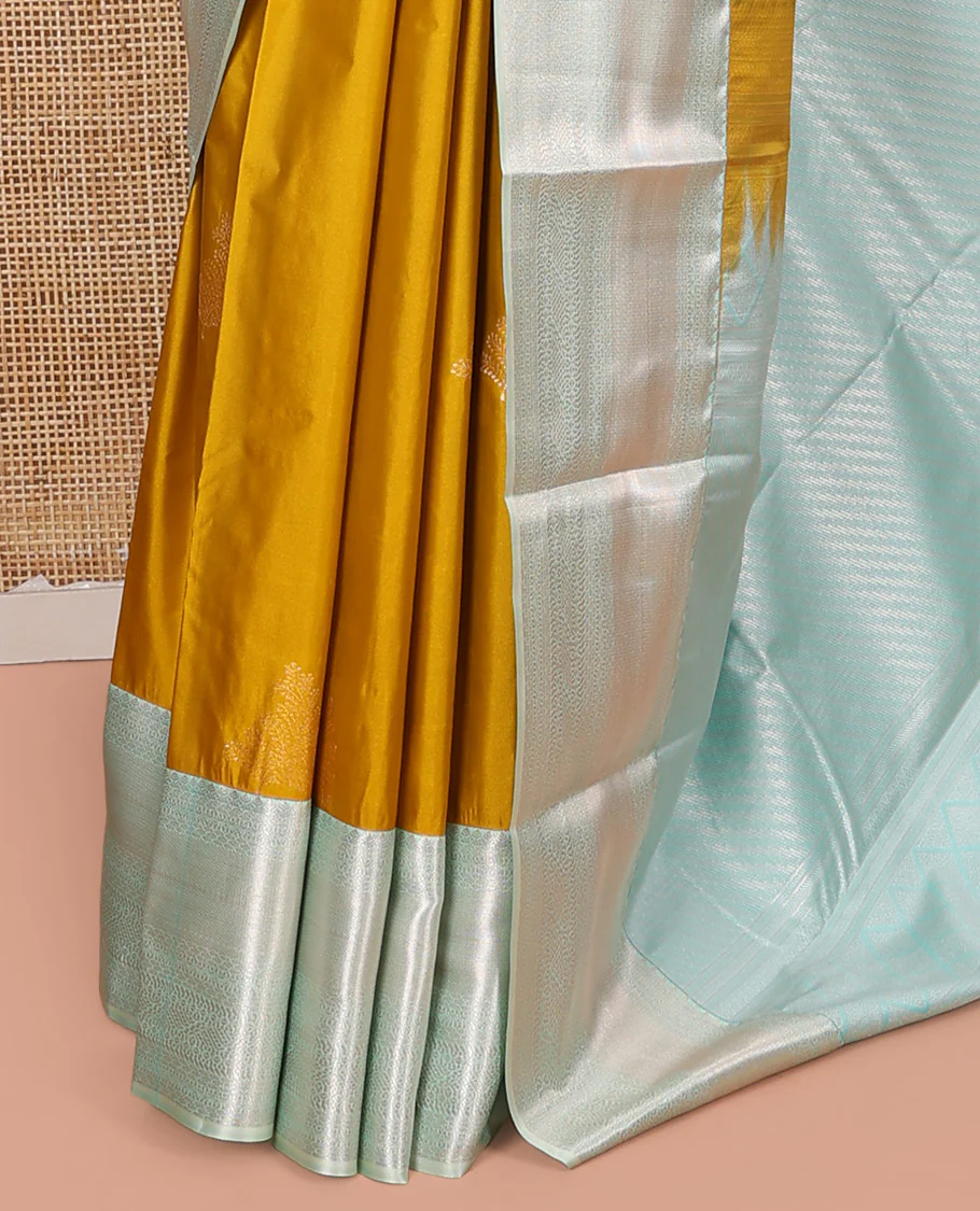 Yellow Budget Silk Saree, Delicately Woven with Zari Buttas on Its Body, Complemented by a Contrast Traditional Zari Design Border, Grand Diagonally Striped Pallu, and Paired with a Contrast Blouse - Image 3