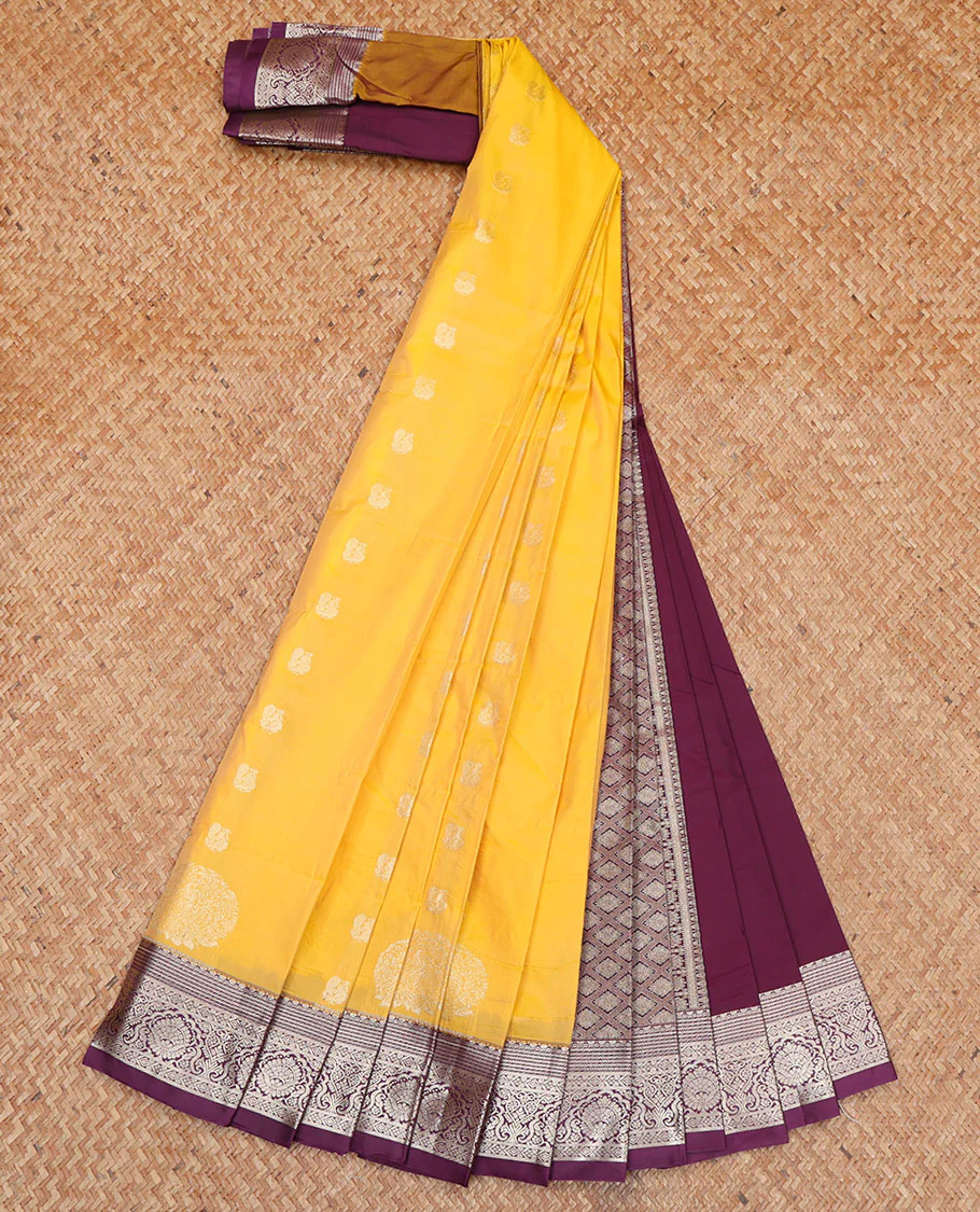Yellow Budget Silk Saree, Elevated with Zari Buttas All Over Its Body, Complemented by a Contrast Traditional Zari Design Border, Pallu Depicts Jaal Designs, and Paired with a Contrast Blouse - Image 2