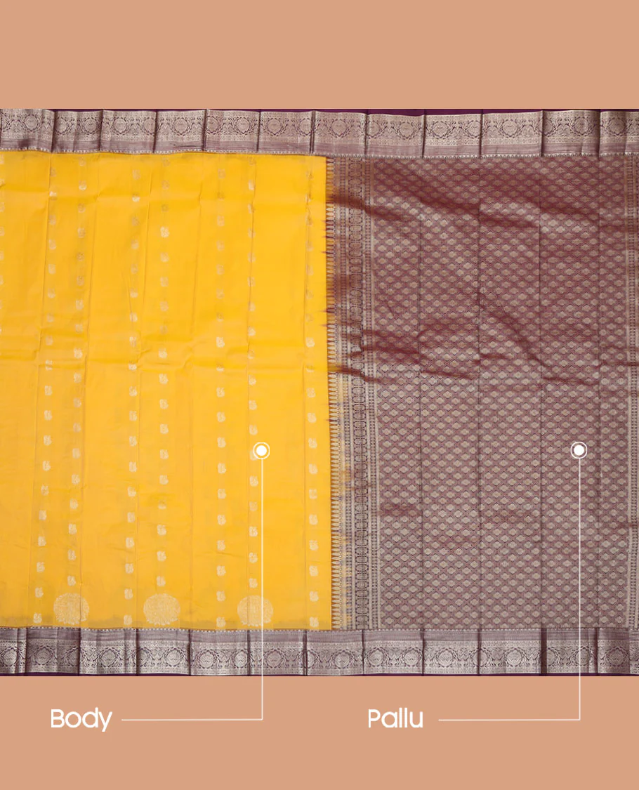 Yellow Budget Silk Saree, Elevated with Zari Buttas All Over Its Body, Complemented by a Contrast Traditional Zari Design Border, Pallu Depicts Jaal Designs, and Paired with a Contrast Blouse - Image 3