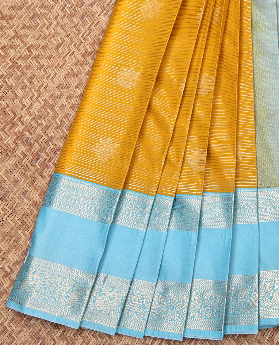 Yellow Budget Silk Saree, Elevated with Zari Buttas and Stripes on Its Body, Complemented by a Contrast Traditional Zari Designs Woven Rettai Pettu Border, Grand Pallu, and Paired with a Contrast Blouse