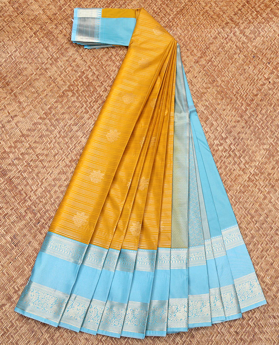Yellow Budget Silk Saree, Elevated with Zari Buttas and Stripes on Its Body, Complemented by a Contrast Traditional Zari Designs Woven Rettai Pettu Border, Grand Pallu, and Paired with a Contrast Blouse - Image 2