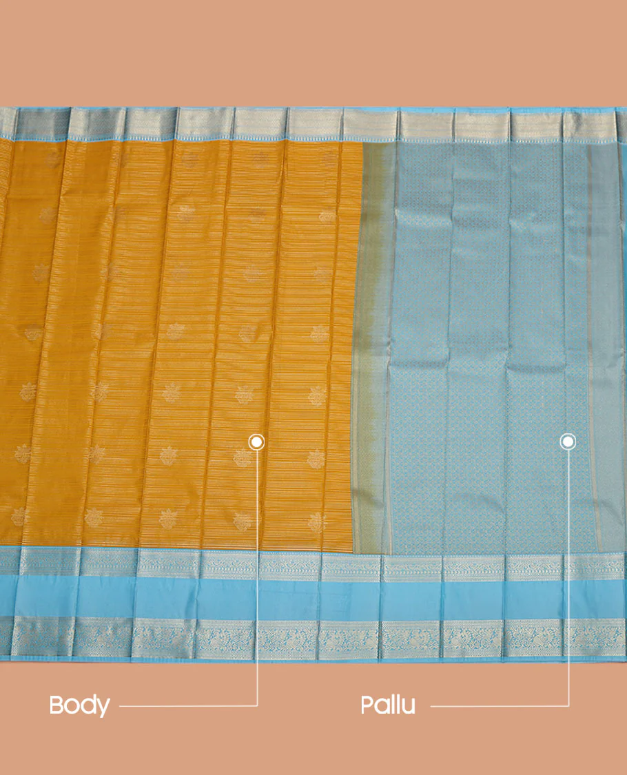 Yellow Budget Silk Saree, Elevated with Zari Buttas and Stripes on Its Body, Complemented by a Contrast Traditional Zari Designs Woven Rettai Pettu Border, Grand Pallu, and Paired with a Contrast Blouse - Image 3