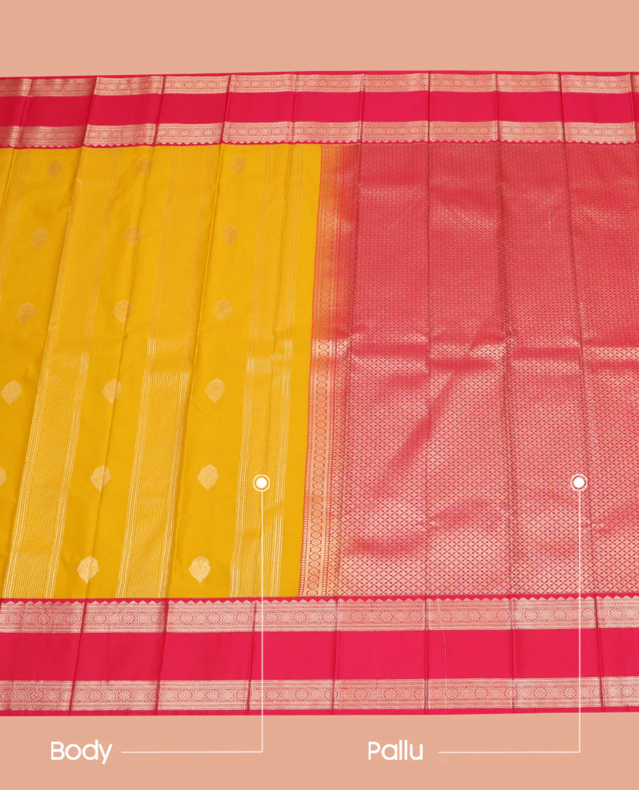 Yellow Budget Silk Saree, Embellished with Zari Buttas and Stripes on Its Body, Complemented by a Contrast Traditional Rettai Pettu Border, Grand Jaal Pallu, and Paired with a Contrast Blouse - Image 3