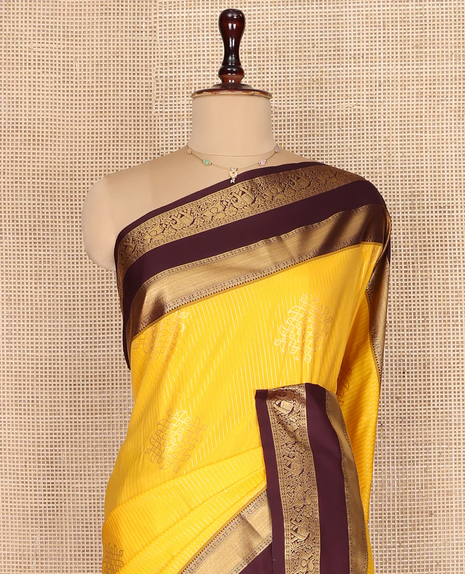 Yellow Budget Silk Saree, Embellished with Zari Stripes and Kolam Buttas All Over Its Body, Complemented by a Contrast Traditional Zari Design Rettai Pettu Border, Grand Scallop Design Pallu, and Paired with a Contrast Blouse - Image 2