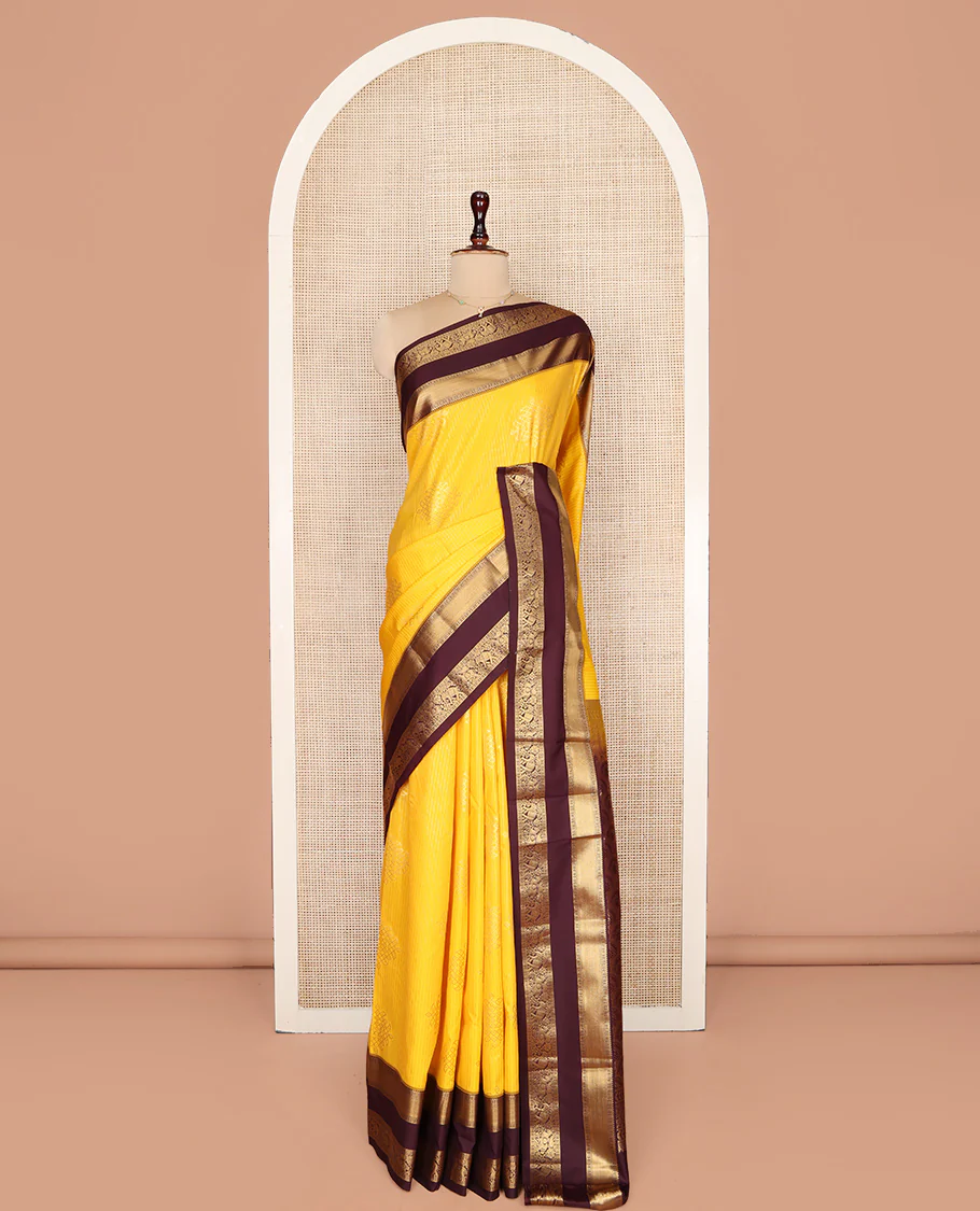 Yellow Budget Silk Saree, Embellished with Zari Stripes and Kolam Buttas All Over Its Body, Complemented by a Contrast Traditional Zari Design Rettai Pettu Border, Grand Scallop Design Pallu, and Paired with a Contrast Blouse - Image 3