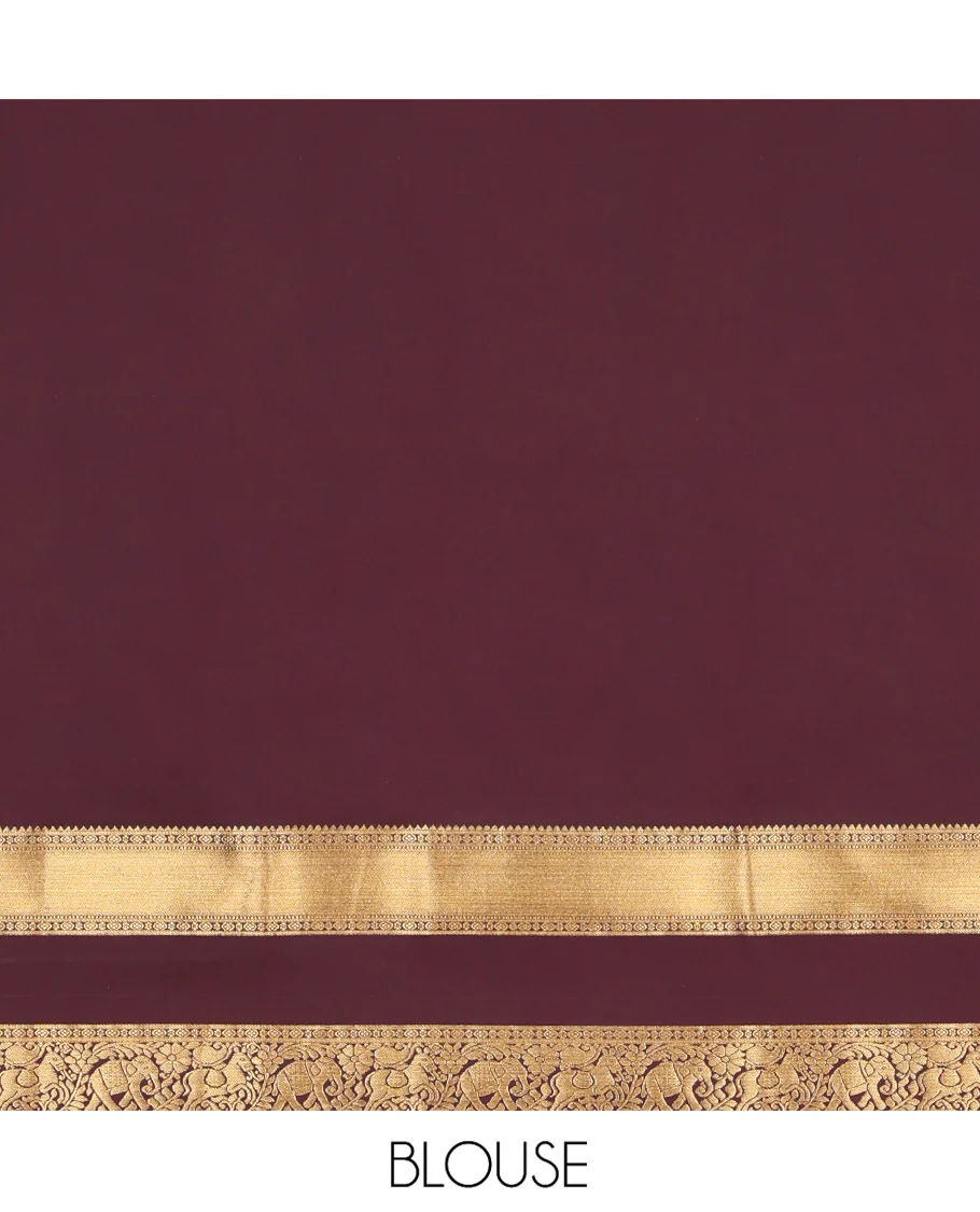 Yellow Budget Silk Saree, Embellished with Zari Stripes and Kolam Buttas All Over Its Body, Complemented by a Contrast Traditional Zari Design Rettai Pettu Border, Grand Scallop Design Pallu, and Paired with a Contrast Blouse - Image 5