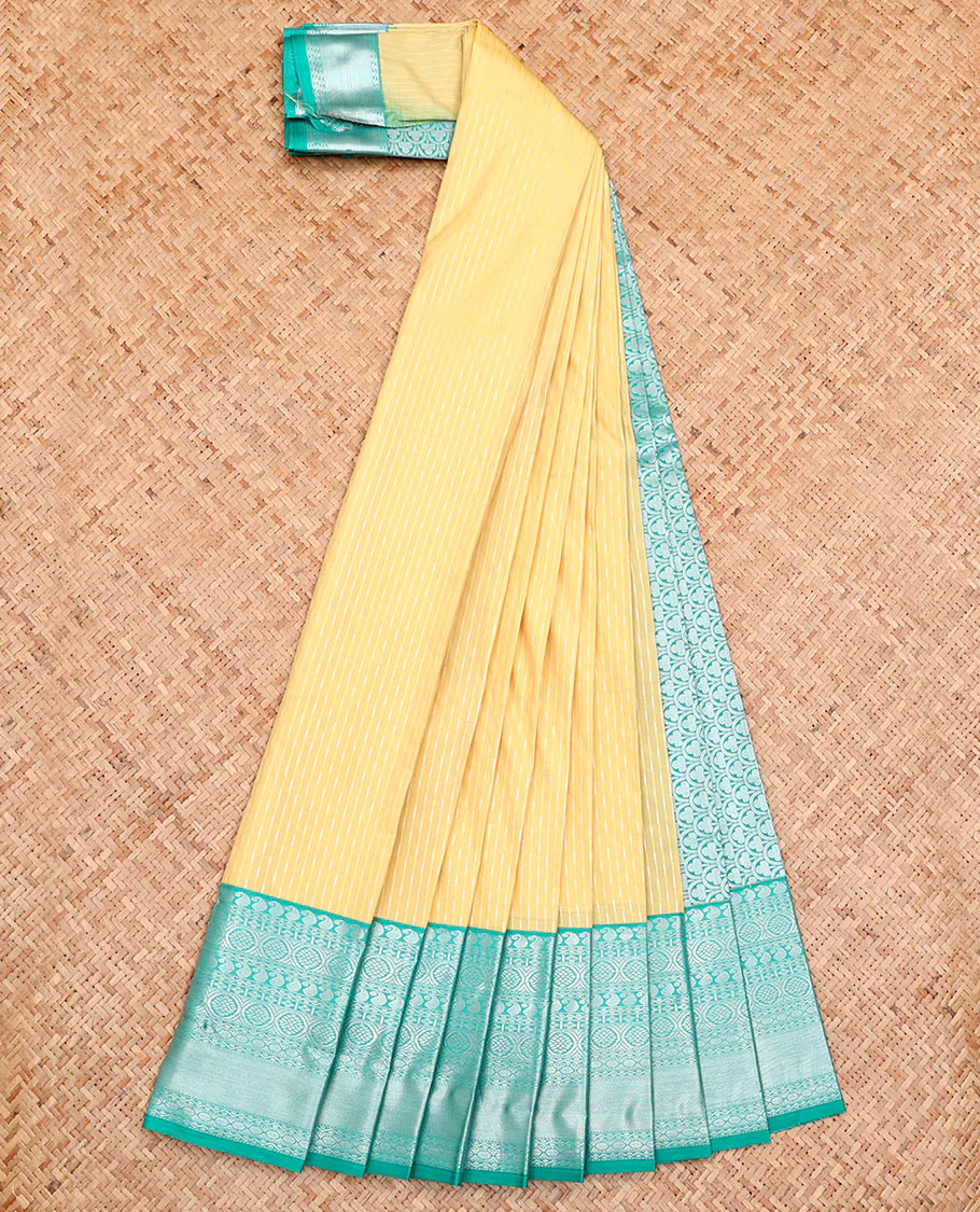 Yellow Budget Silk Saree, Gleamed Up with Zari Stripes All Over Its Body, Complemented by a Contrast Traditional Zari Design Border, Grand Pallu, and Paired with a Contrast Blouse - Image 2