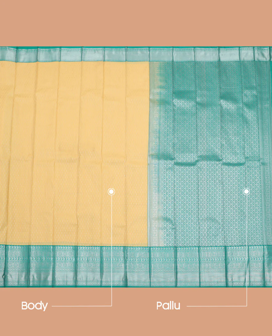 Yellow Budget Silk Saree, Gleamed Up with Zari Stripes All Over Its Body, Complemented by a Contrast Traditional Zari Design Border, Grand Pallu, and Paired with a Contrast Blouse - Image 3