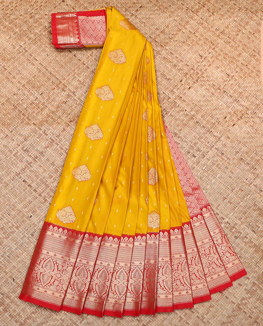 Yellow Budget Silk Saree, Mesmerized with Zari Buttas, Complemented by a Contrast Traditional Zari  Border, Pallu of Jaal Designs, and a Contrast Blouse - Image 2