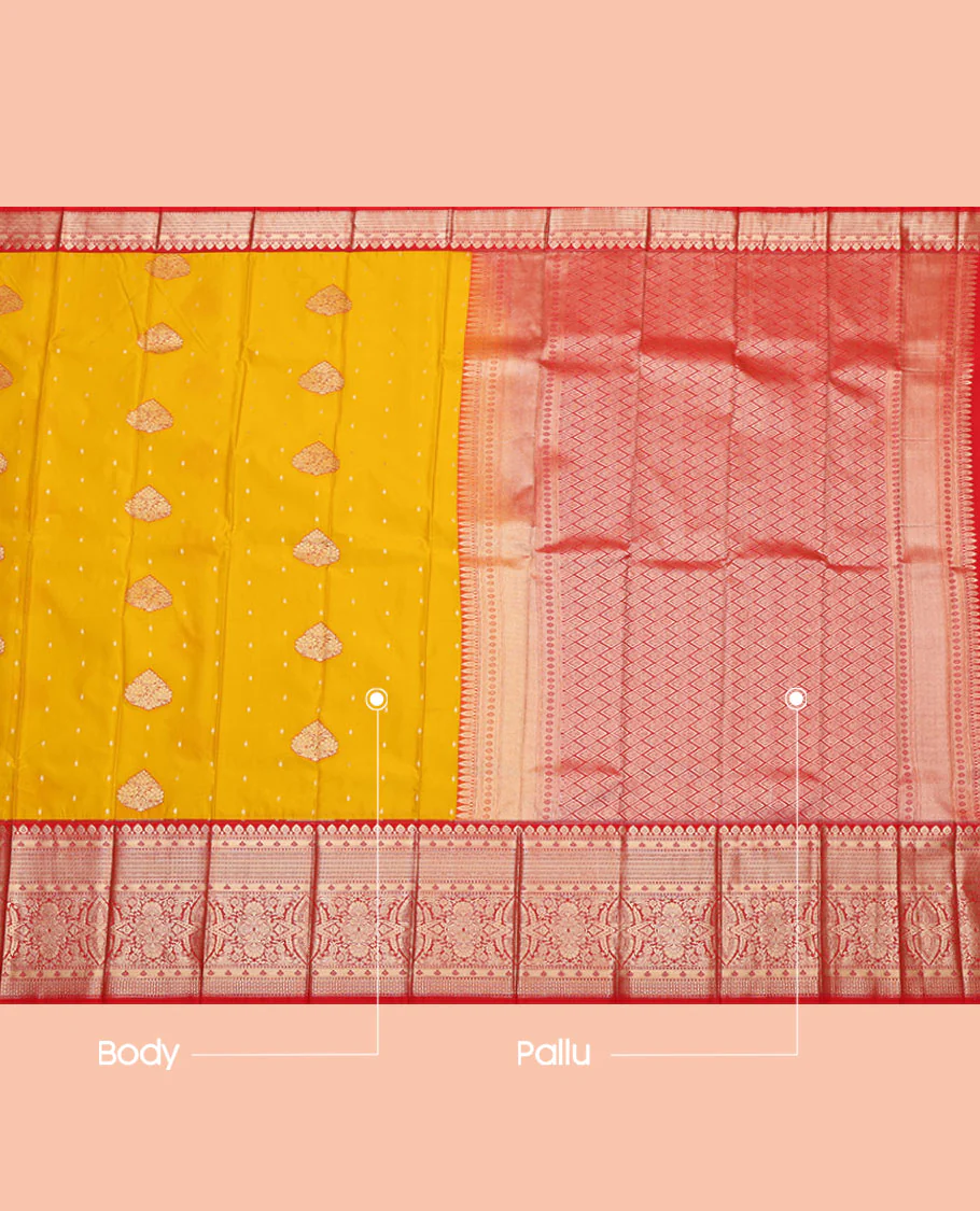 Yellow Budget Silk Saree, Mesmerized with Zari Buttas, Complemented by a Contrast Traditional Zari  Border, Pallu of Jaal Designs, and a Contrast Blouse - Image 3